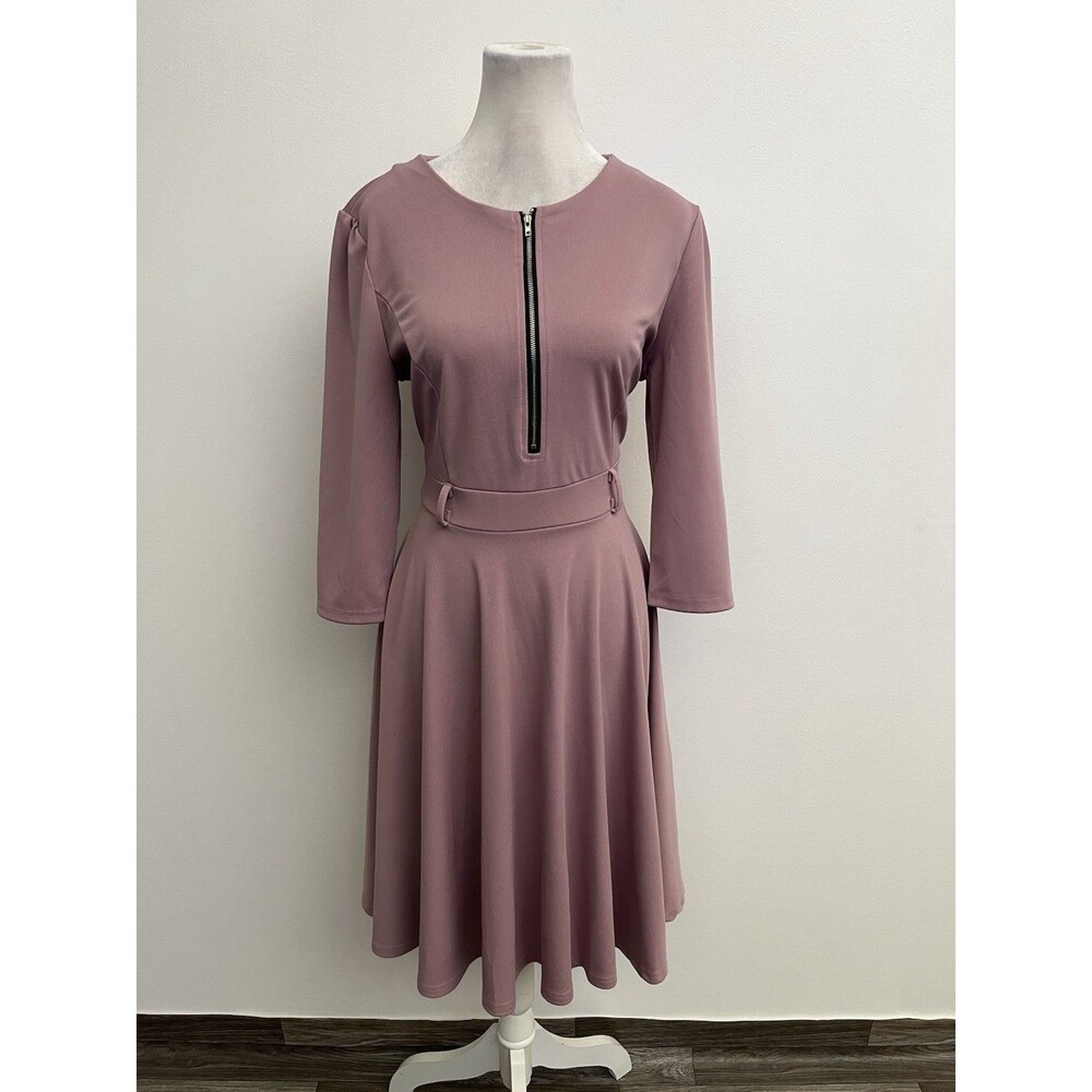 Chicme Women A Line Dress Size XL Round Neck With Zip Front 3/4 Sleeves Stretch